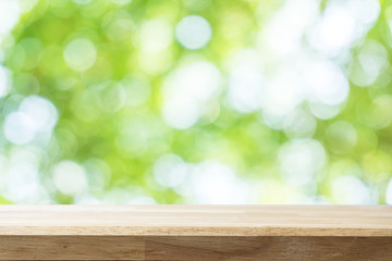 Empty wooden Brown table and blurred garden bokeh background. Mock up for display or montage of product,Business presentation.