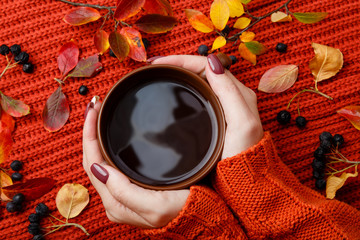 woman holds a cup of tea in hands on knitted red background with autumn leaves. Hot tea among fall...