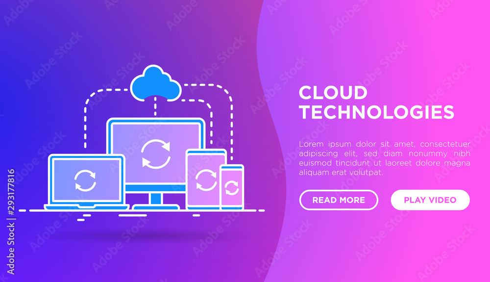 Poster cloud technologies web page template with thin line icons: monoblock, laptop, tablet and smartphone 