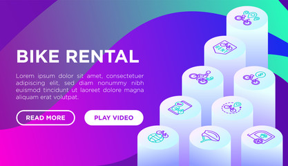 Bike rental web page template with thin line isometric icons: rates, bicycle tours, pet trailer, padlock, helmet, child seat, sharing, pointer, deposit, mobile app, cycling route. Vector illustration