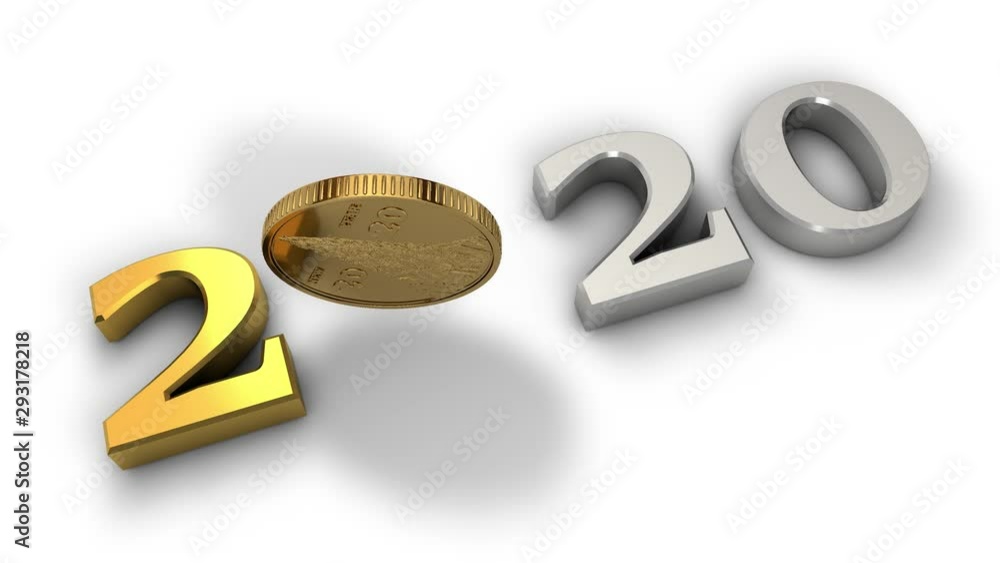 Poster 3d animation of a falling gold coin on a white surface. formed the date of 2020 new year.
