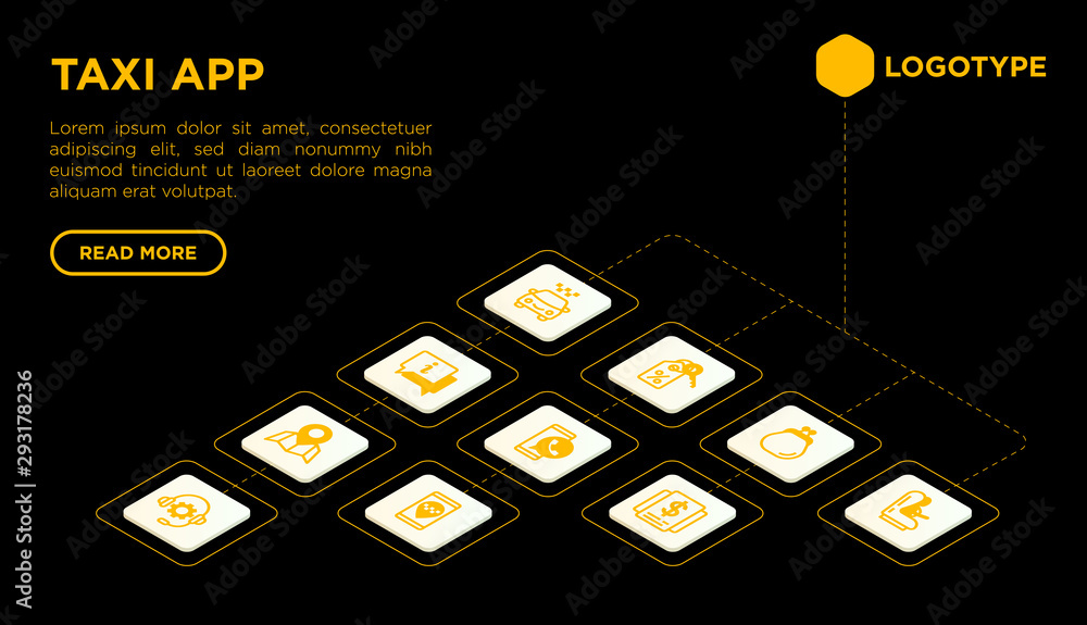Poster taxi app web page template with thin line isometric icons: payment method, promocode, app settings, 