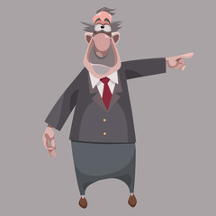 cartoon man in suit with tie points finger to the side