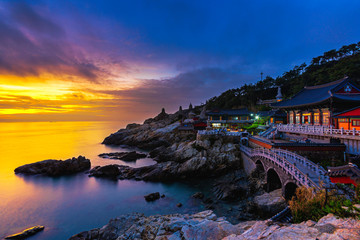 Sunrise and View point of Haedong Yonggungsa Temple on sea shore. Best landmark in Busan, South...