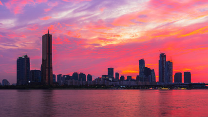 Sunset of Seoul downtown , 63 Building and Hangang river best view landmark and traffic in...