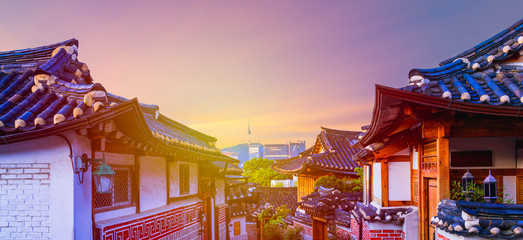 Sunrise  at Bukchon Hanok Village best landmark in Seoul, South Korea.