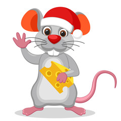 Mouse in a Christmas hat holding a piece of cheese and waving on a white. The year of the mouse.