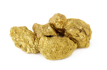 Gold nugget grains isolated on a white background