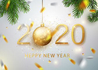2020 Happy new year. Gold Numbers Design of greeting card of Falling Shiny Confetti. Gold Shining Pattern. Happy New Year Banner with 2020 Numbers on Bright Background. Vector illustration.