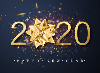 2020 Happy New Year vector background with golden gift bow, confetti, white numbers. Winter holiday greeting card design template. Christmas and New Year posters