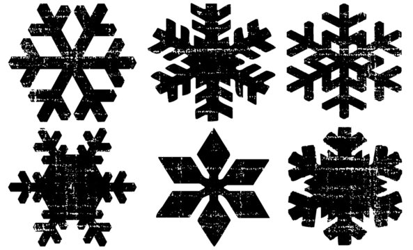 Grunge Textured Snowflakes Collection. Can be used as Banners, Insignias or Badges. Vector Distressed Texture Set. Blank Geometric Shapes. Vector Illustration. Black isolated on white. EPS10.