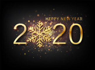2020 New year background. Holiday label with fallen golden glitter confetti over black backdrop. Calendar design template. Greeting card web banner or poster with happy new year 2020 with gold glitter