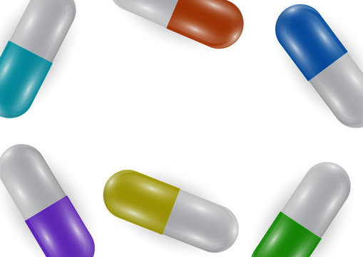 Background with bright pills, capsules. Vitamin pills for good health and antibiotics. Poster banner for website. Pharmacy, painkiller capsules and medications.
