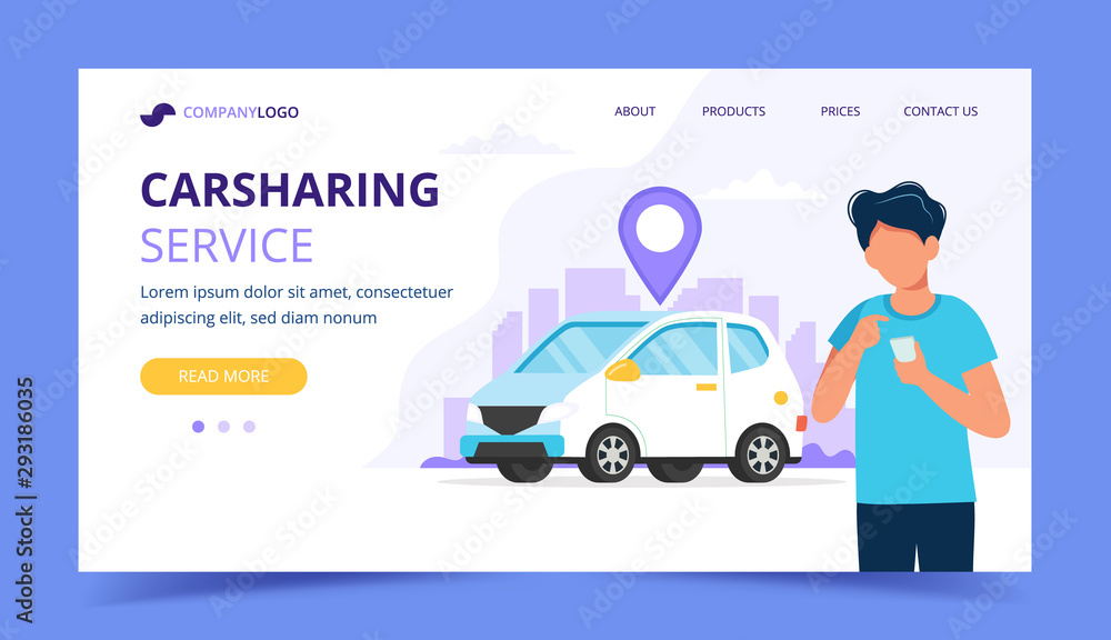 Poster carsharing concept. man with smartphone. landing page template. vector illustration in flat style