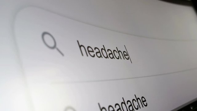 hypochondria concept - frightened by illness type on search engine to looks for psychosomatic headache symptom and cause for serious diseases on internet medicine sites