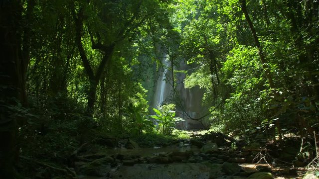Amazing Unseen Waterfall view in deep forest Lush green leafes and sunshine in the morning. Saraburi Asia Thailand