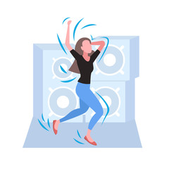woman dancing female dancer enjoying dance party girl having fun hi-fi audio speakers background flat full length vector illustration