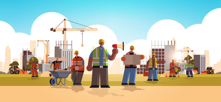 builders team wearing hard hat busy workmen standing together mix race industrial workers in uniform building concept construction site background flat full length horizontal vector illustration