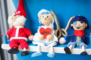 Common souvenirs of  toys. Wooden toys of a sailor, santa claus and a pirate. These toys are general souvenirs from the Postojna cave, Slovenia.