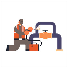 welder in protective mask welding big pipe steel pipelines welded by welding machine busy workman industrial construction worker in uniform building concept flat full length