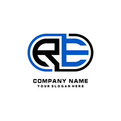 RE initial letters looping linked oval elegant logo blue, black