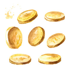 Golden coins set. Watercolor hand drawn illustration, isolated on white background