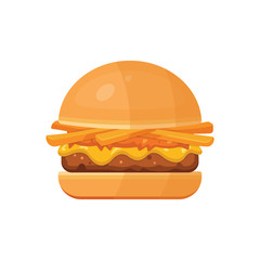 Classic burger with flying ingredients. Vector hamburger icon in cartoon style.