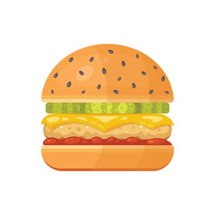 Classic burger with flying ingredients. Vector hamburger icon in cartoon style.