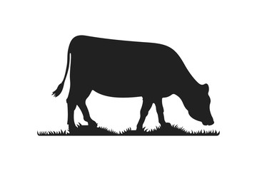 Cow silhouettes on grass. Cow grazing on meadow vector cartoon illustration.