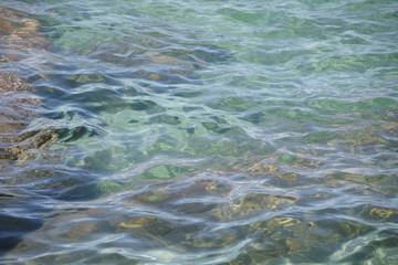 Close-up sectional full frame view of clear shallow lake water over rocks and sand near the shore