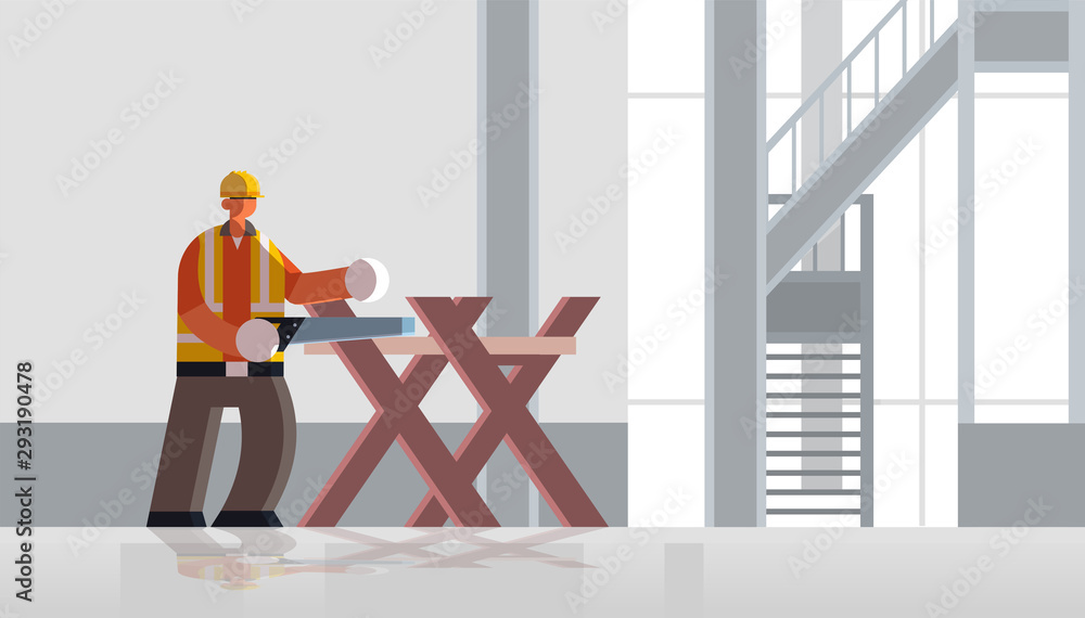 Poster male builder carpenter using handsaw sawing log on sawbuck into lumber busy workman in uniform build