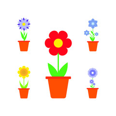 Spring Flowers In Pots, Isolated On White Background. Vector Illustration