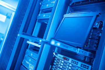 The server room tells the computer server that is working continuously. Convey the power and progress.