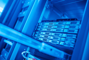 The server room tells the computer server that is working continuously. Convey the power and...