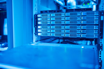 The server room tells the computer server that is working continuously. Convey the power and...