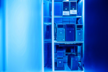 The server room tells the computer server that is working continuously. Convey the power and...