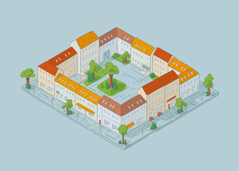 cute city block with shops and trees