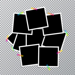 Photo frame on transparent background. Many photo frames for your design, with transparent adhesive tape for your color. Vector illustration