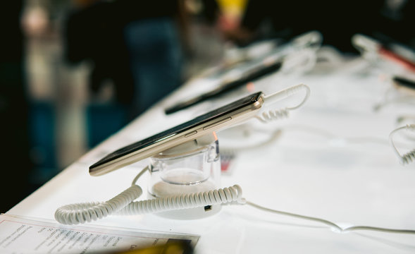 Kyiv, Ukraine -28 September  2019 : CEE 2019. Exhibition of modern mobile phones and gadgets. New models of camera phones and smart gadgets at the international exhibition