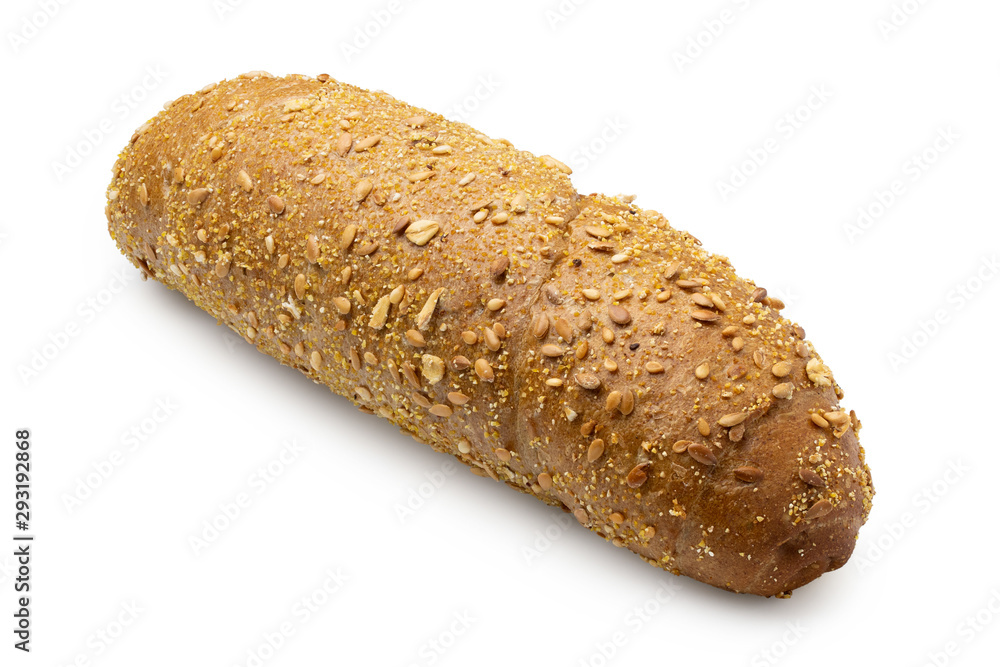 Poster Long whole wheat bread roll with sesame seeds isolated on white.