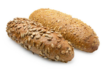 Long whole wheat sunflower seed bread roll and long whole wheat sesame seed bread roll isolated on...