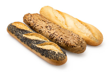Three traditional baguettes isolated on white. Plain, whole wheat and poppy seed.