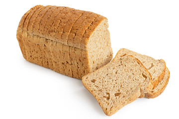 Sliced loaf of whole wheat toast bread isolated on white. Three slices lying.