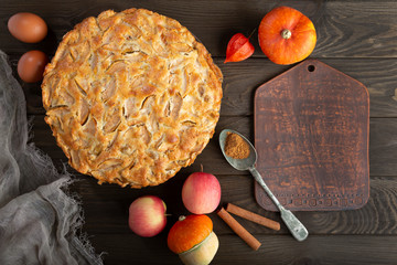 Homemade apple pie on vintage tray, apples, pumpkins and pie ingradients on wooden dark brown...