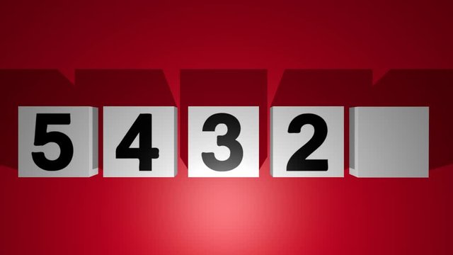 Countdown from five to one, moving cubes with numbers, gray cubes on red background, after finish of countdown are the cubes falling down, 3d video