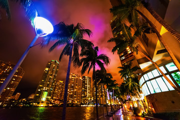 Naklejka premium Kolorowa noc w Miami Riverwalk