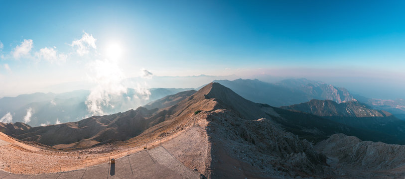 Panoramic view of Taurus Mountain at sunset from the top of Tahtali Mountain near Kemer, Antalya, Turkey