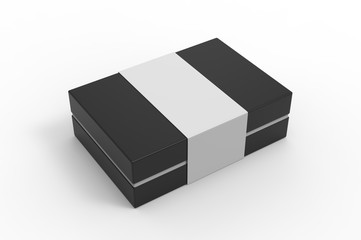 Blank neck box with paper ribbon label. 3d render illustration.
