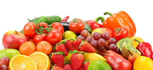 Heap fresh fruit and vegetables isolated on white