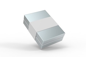 Blank neck box with paper ribbon label. 3d render illustration.